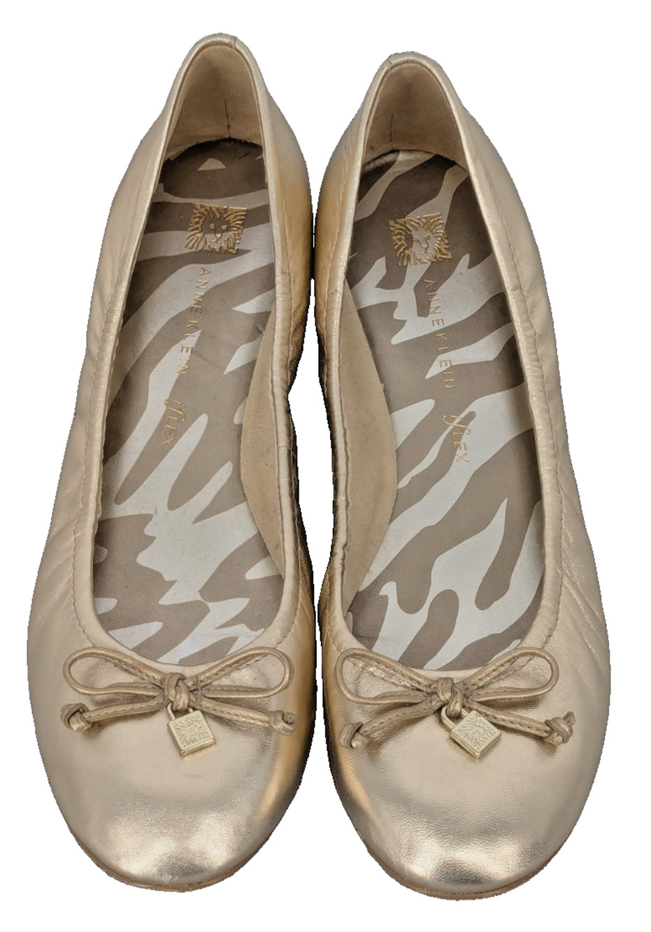 ANNE KLEIN Gold Leather Ballerina Flats SIZE 8.5M Flex Bow Boho Business